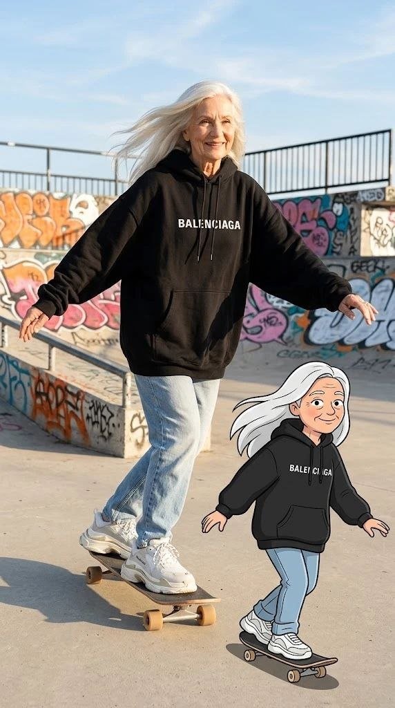 Стильная женщина на скейте и её мультяшная версия в худи Balenciaga