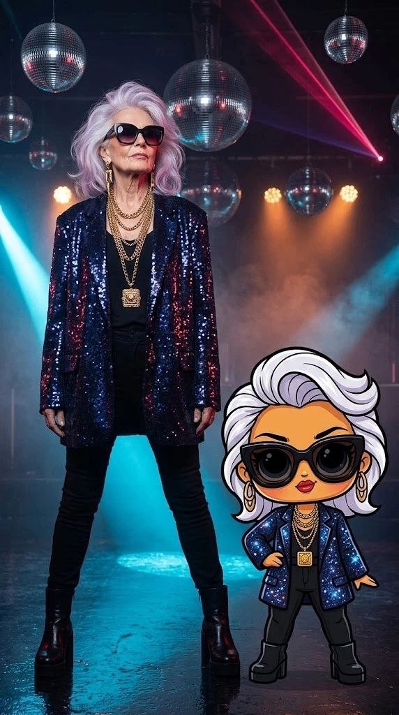 Женщина в блестящем пиджаке и её Bratz-двойник на сцене с диско-шарами