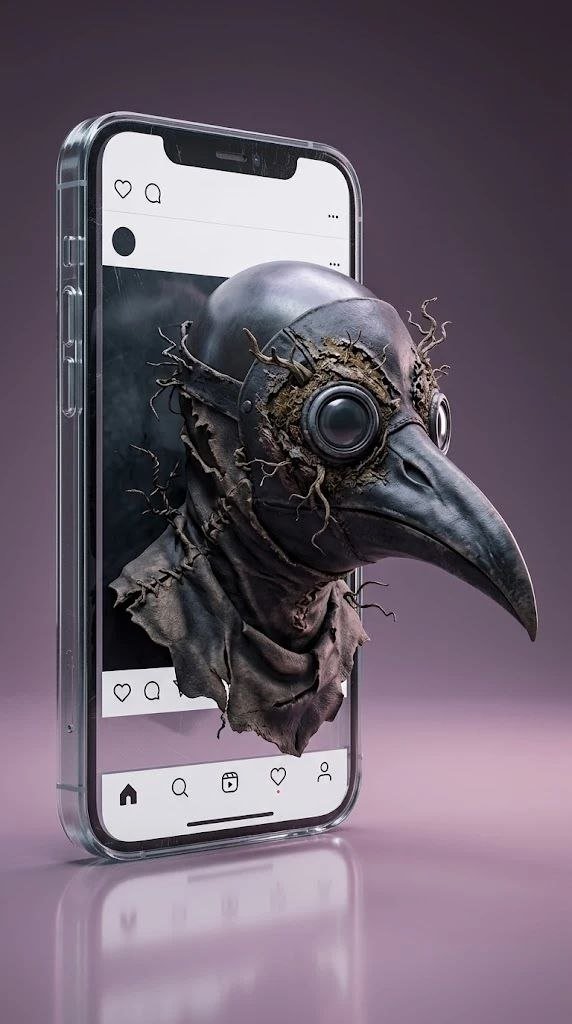 Маска чумного доктора, выходящая из экрана смартфона с лентой Instagram