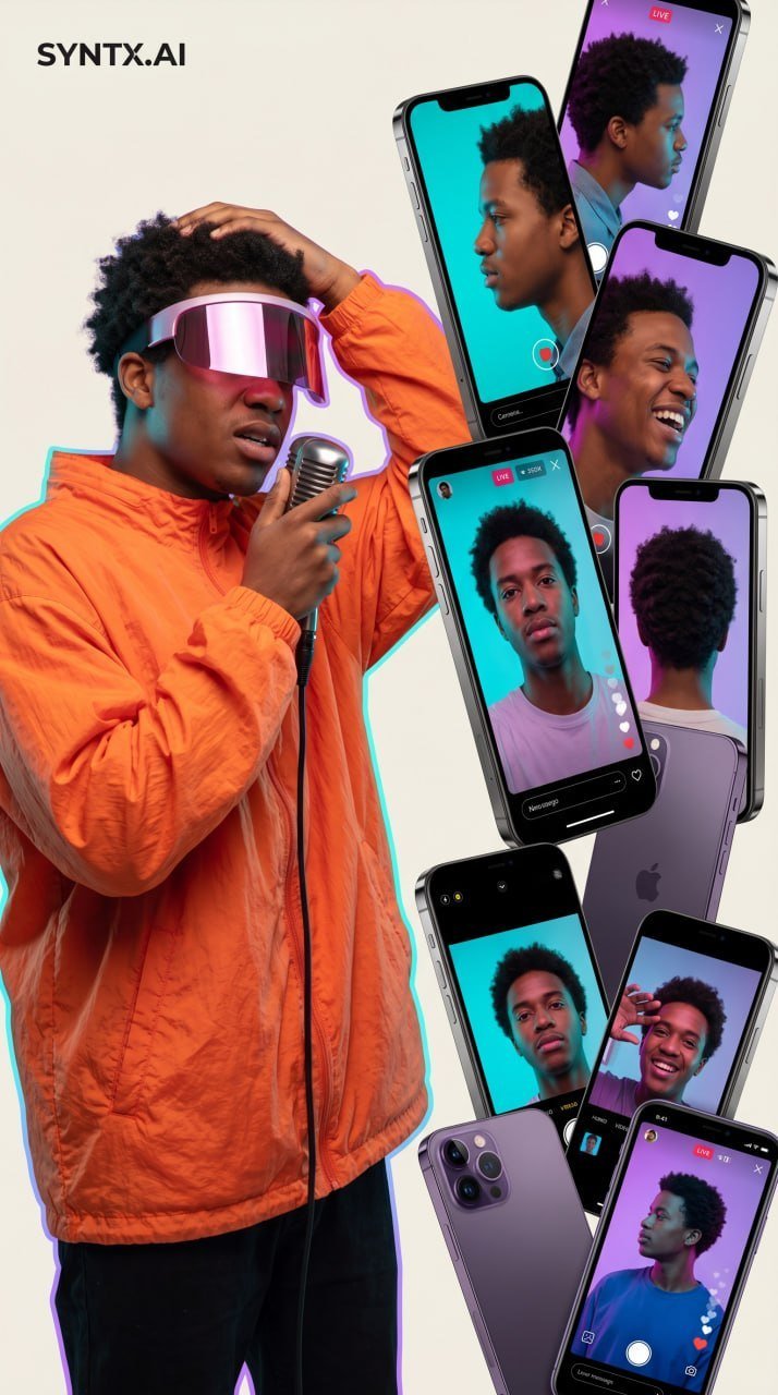 Парень в оранжевой ветровке с микрофоном и смартфонами с разными ракурсами