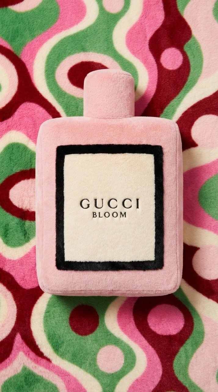 Плюшевый флакон Gucci Bloom на розово-зелёном фоне