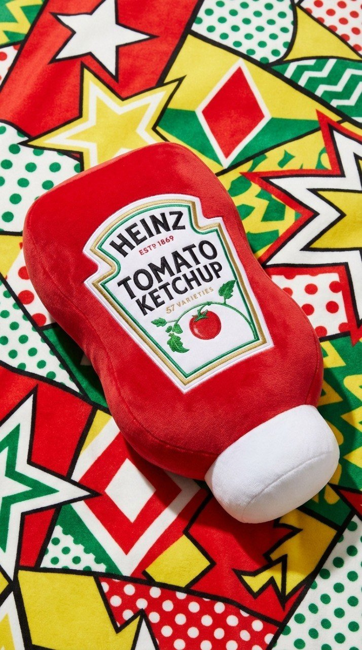 Плюшевая бутылка кетчупа Heinz на ярком POP ART фоне